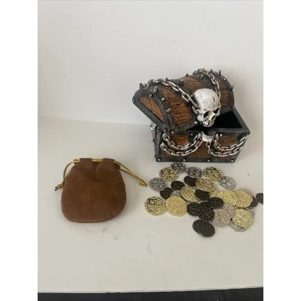 Nautical Pirate Skull Treasure Chest, Unique Trinket Box, 6 Inches. Coins Too!!